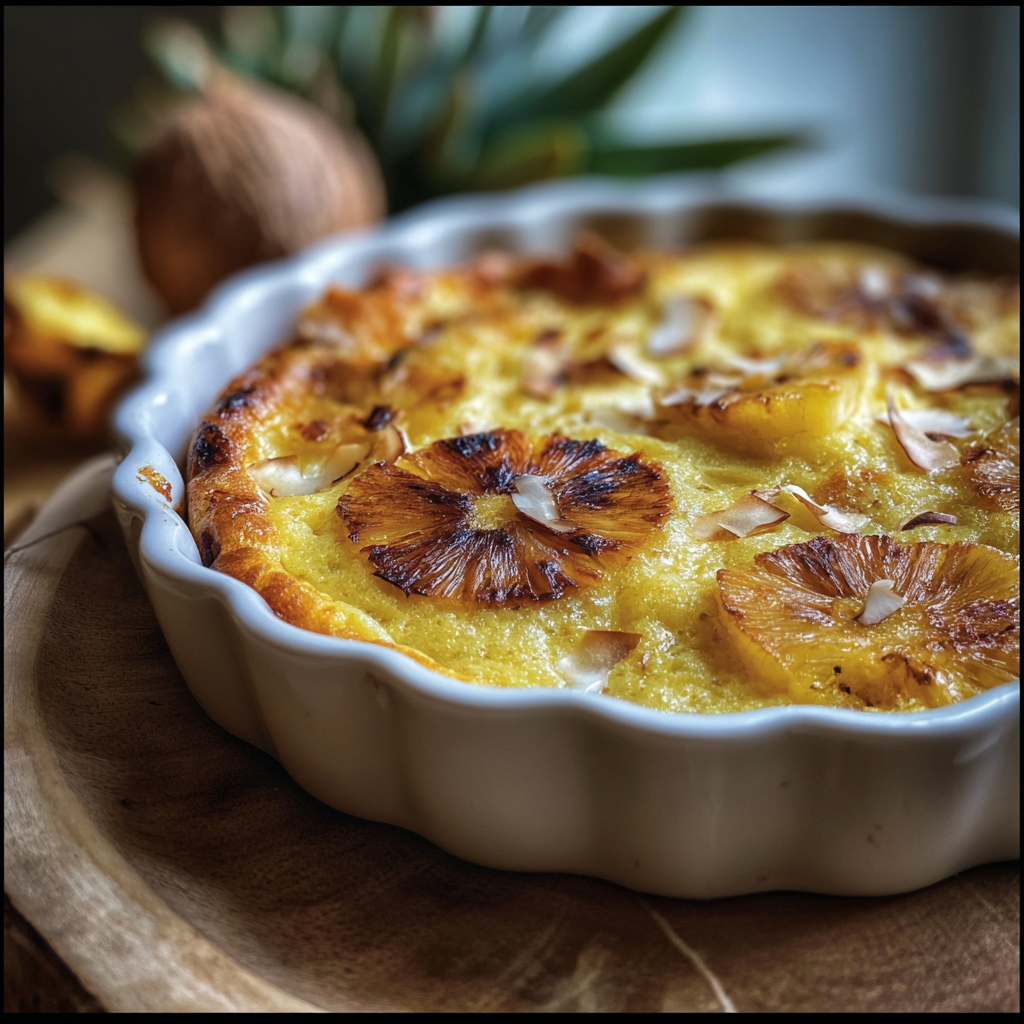 Part de clafoutis à l'ananas sur une assiette