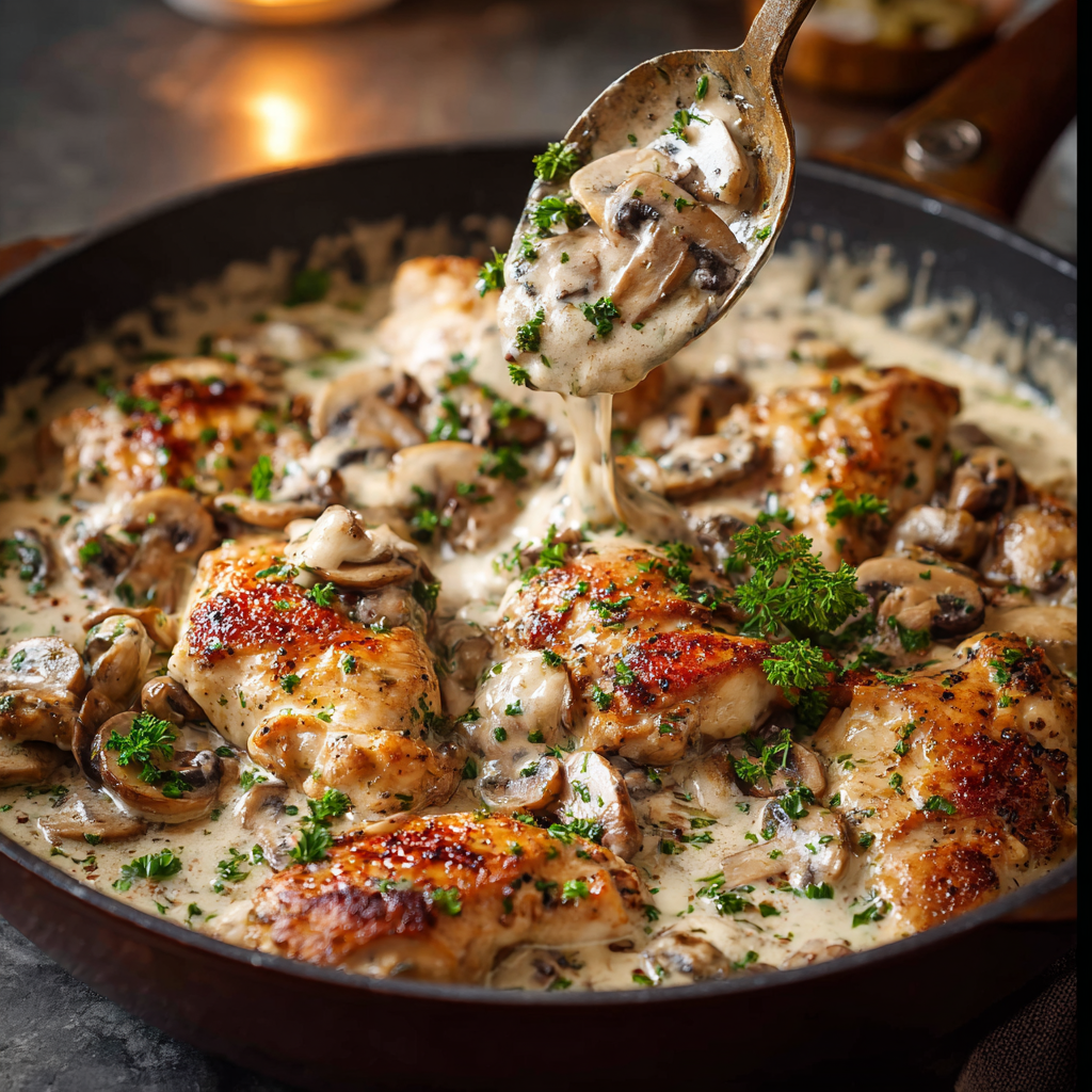 Skillet with chicken and mushroom sauce