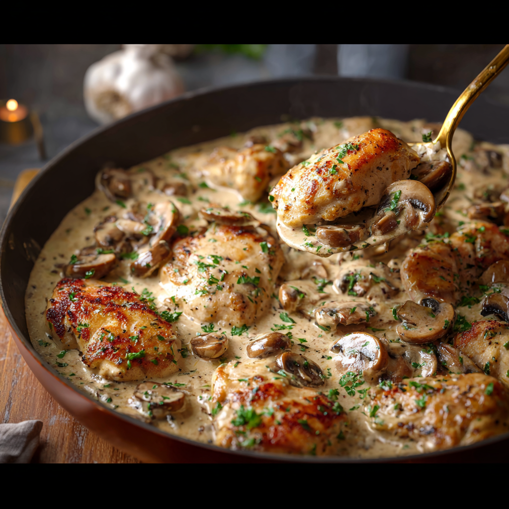 Creamy stroganoff plated with parsley