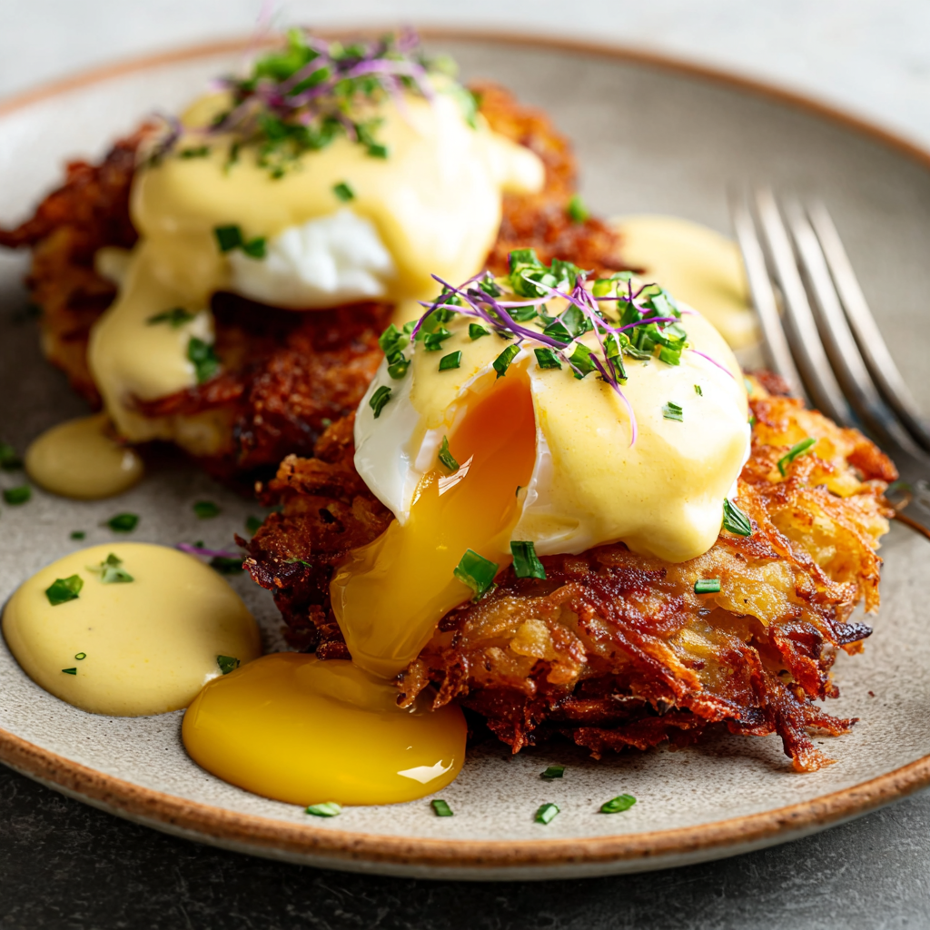 Latke Eggs Benedict plated with hollandaise and chives
