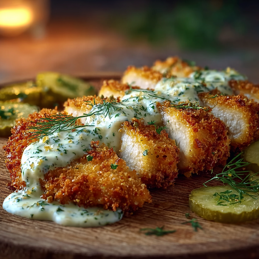 Plated Crispy Dill Pickle Parmesan Chicken