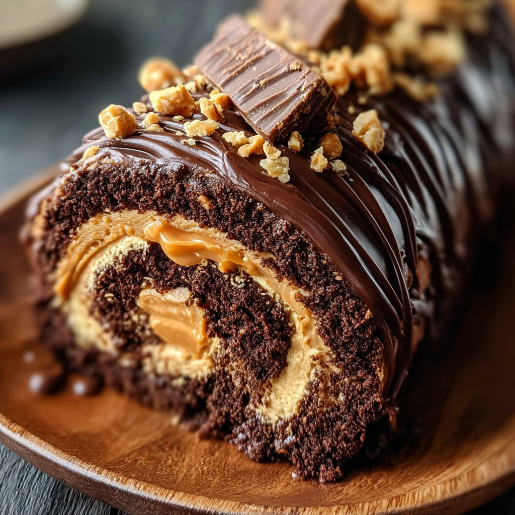 Peanut butter cup chocolate roll sliced on a serving plate