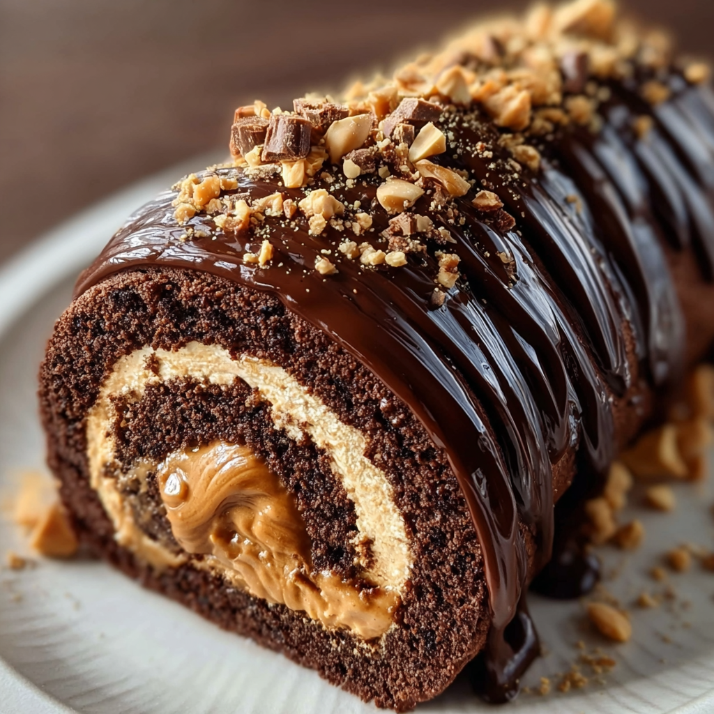 Close up of the peanut butter filling inside the chocolate roll