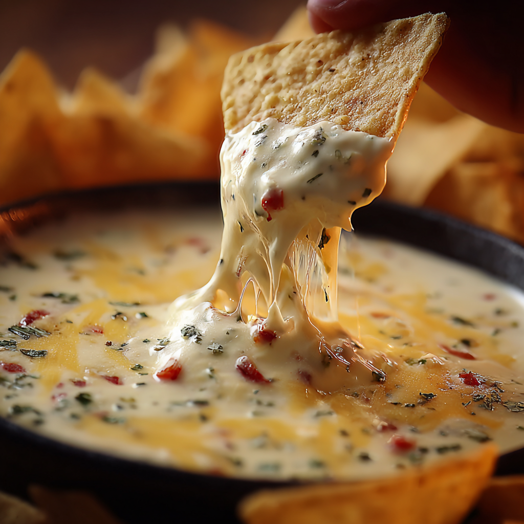 Warm queso dip in a white bowl with chips