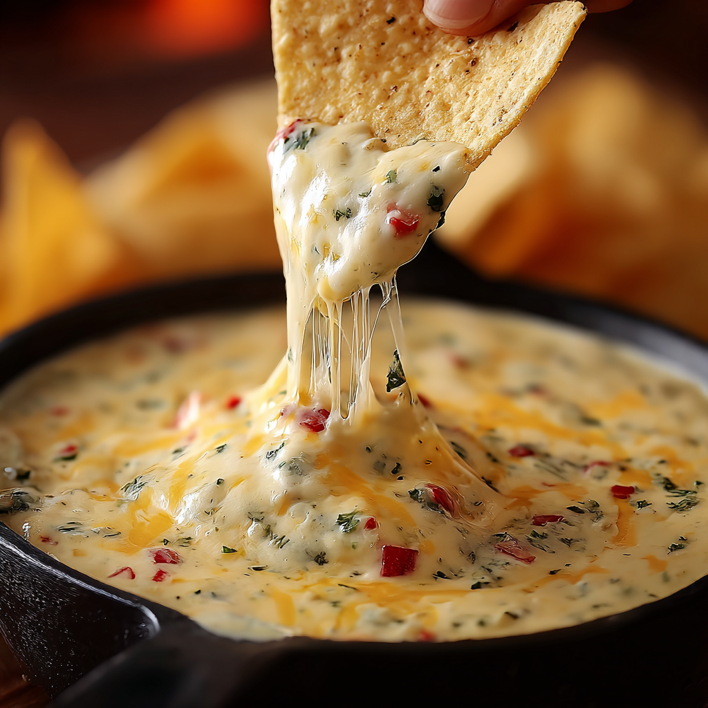Tortilla chips dipping into ramekin of cheese dip
