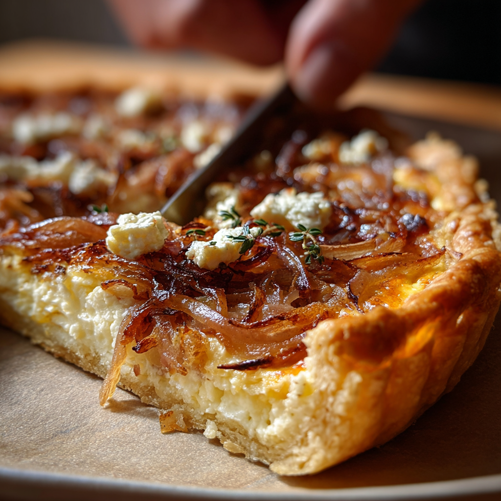 Caramelized onion and goat cheese tarts on a baking sheet