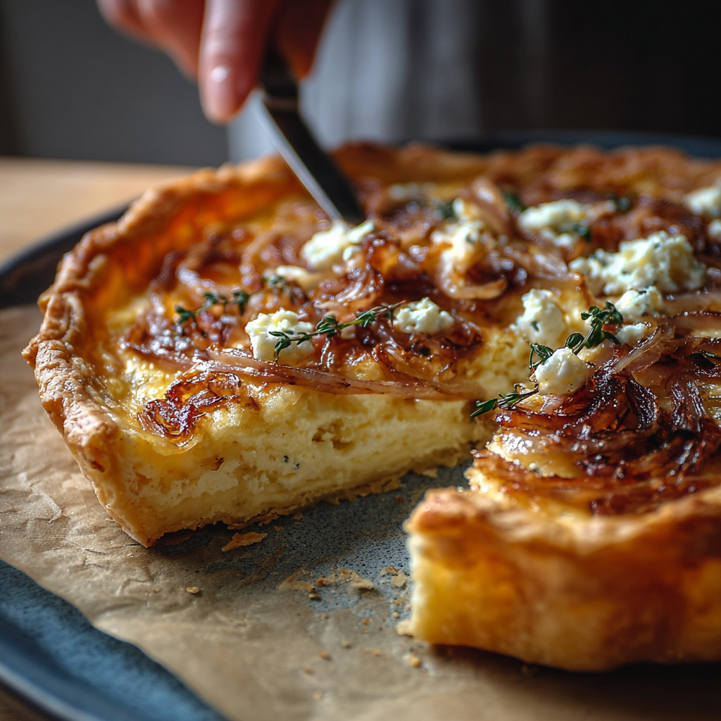 Close-up of tart slice showing flaky pastry and caramelized onions