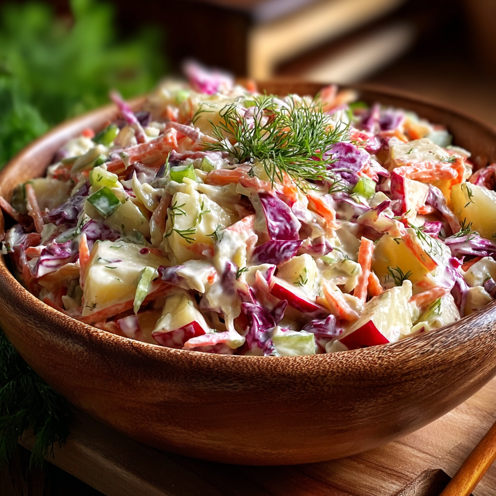 Bowl of cranberry apple coleslaw on a wooden table