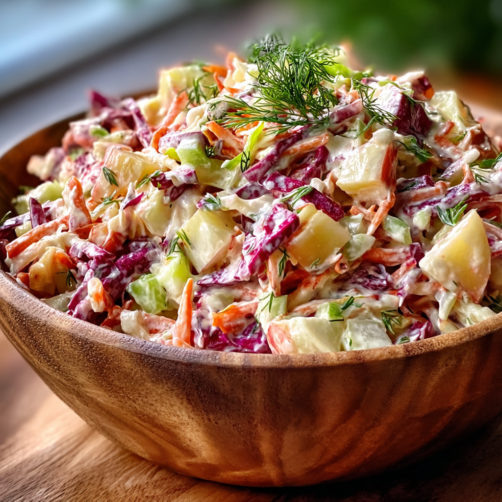 Close-up of creamy cranberry apple slaw with seeds