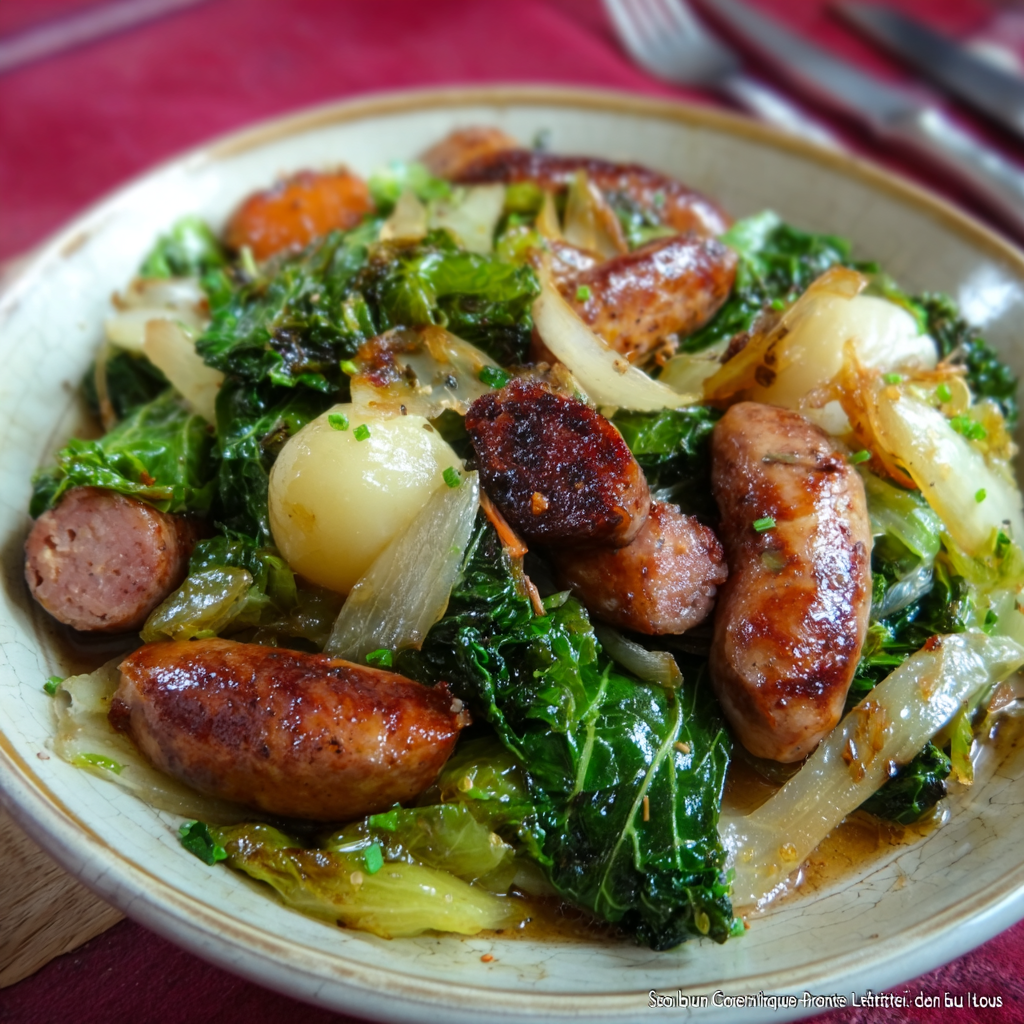 Chou vert braisé aux saucisses - plat dans une sauteuse