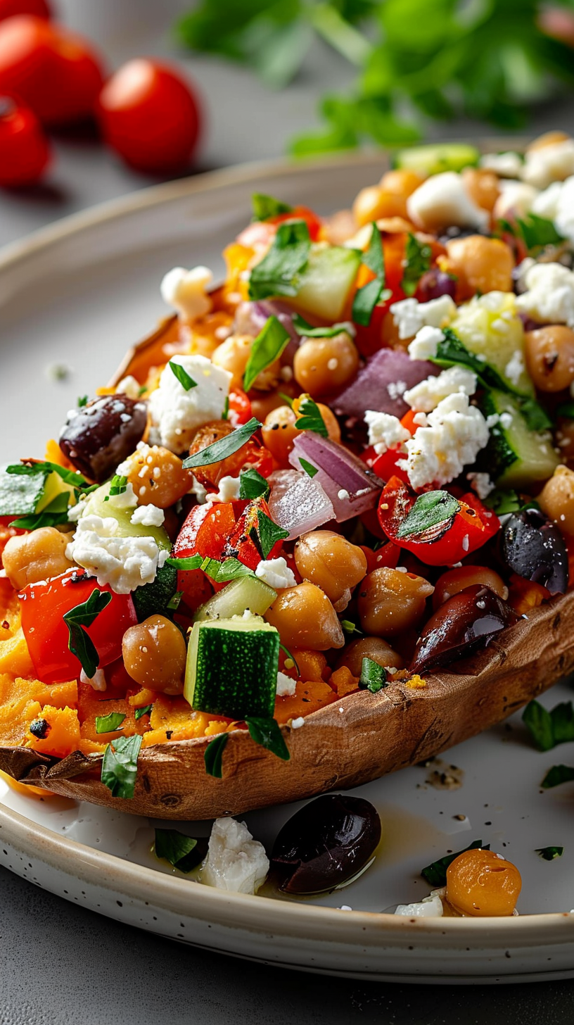 Mediterranean stuffed sweet potatoes on a serving board