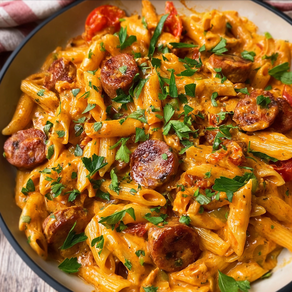 Close up of creamy Cajun pasta with parsley garnish