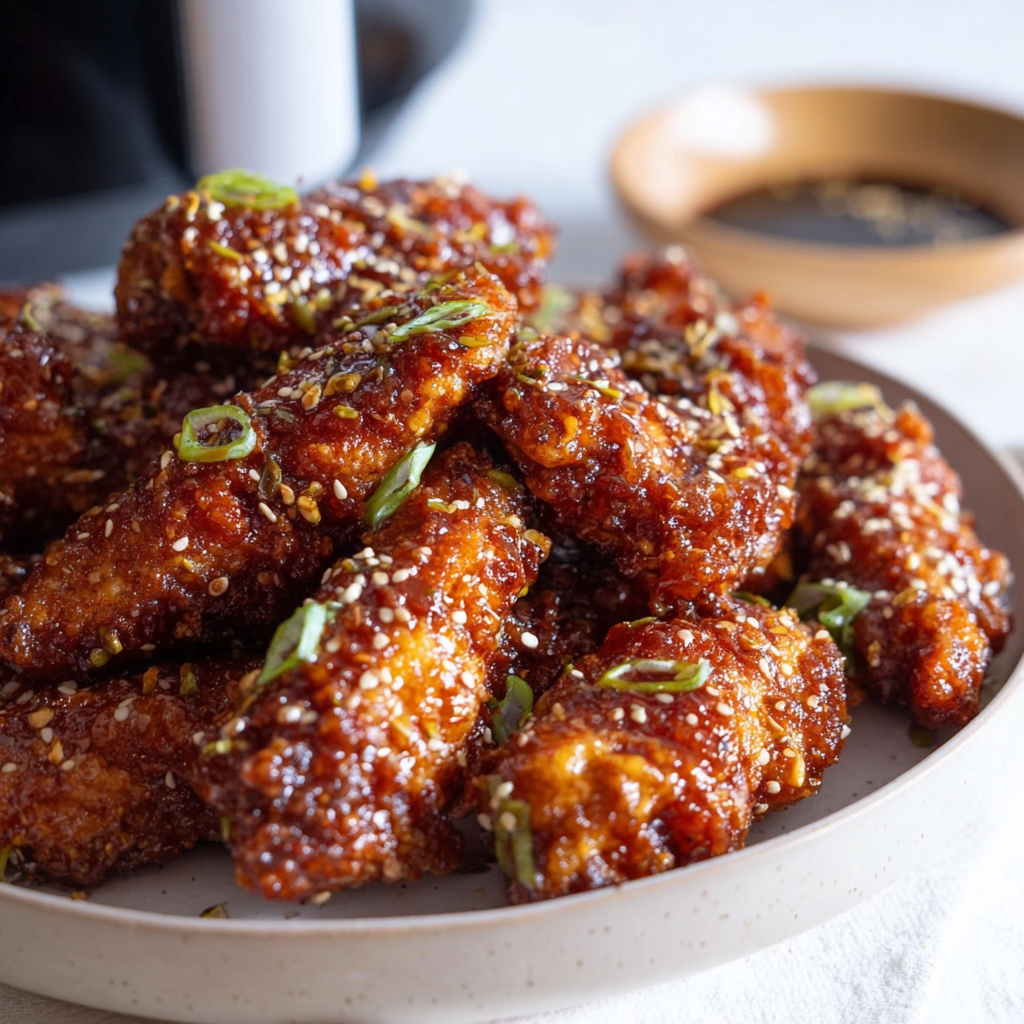 Saucing the air fried tenders in a glossy gochujang honey mix