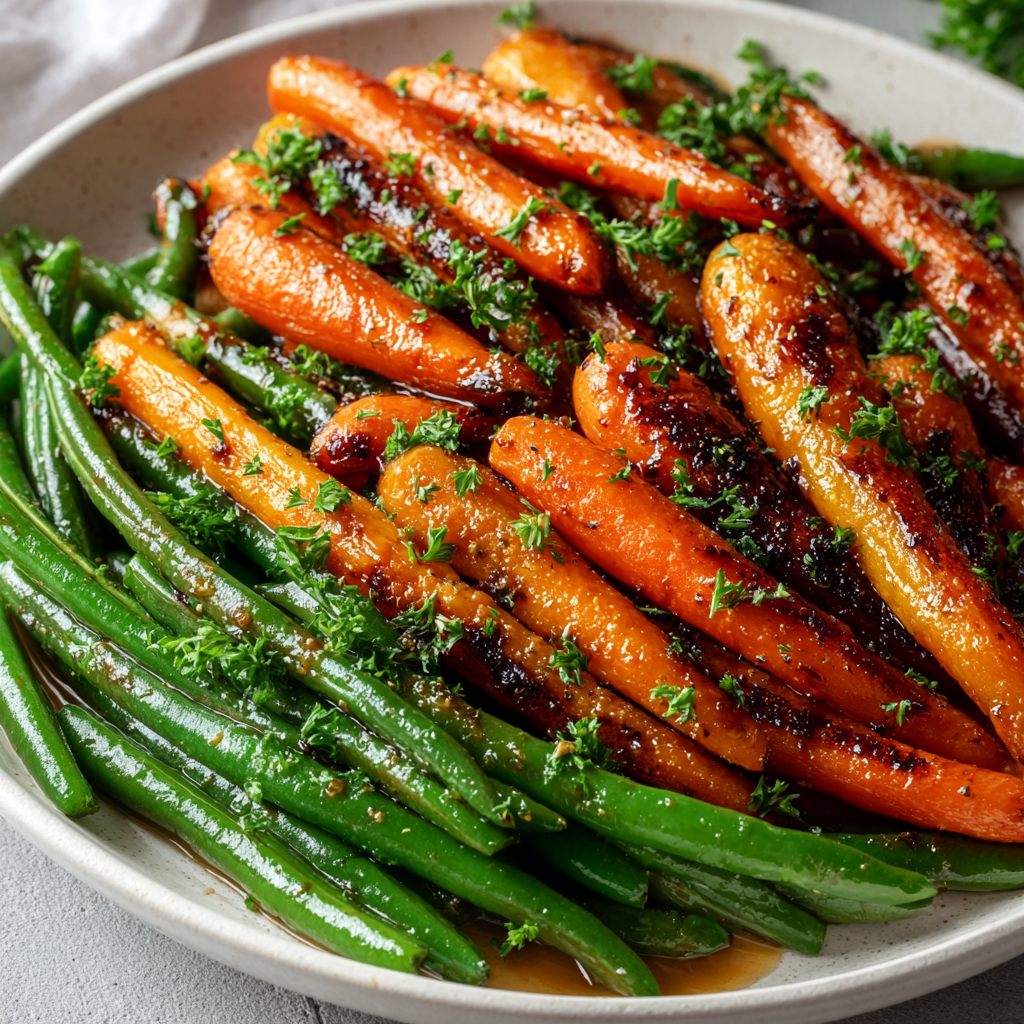Honey glazed carrots and green beans in a white serving dish
