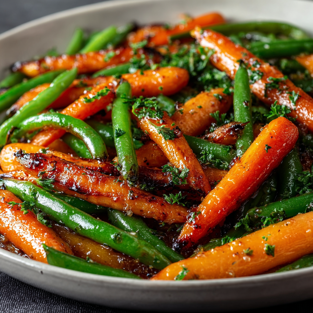 Close up of roasted glazed carrots and beans on a sheet pan