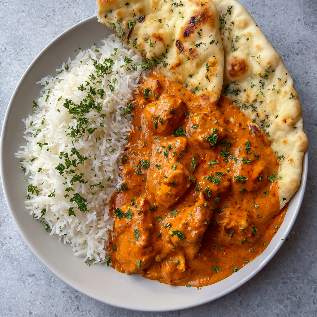 Pan of creamy butter chicken sauce with chicken
