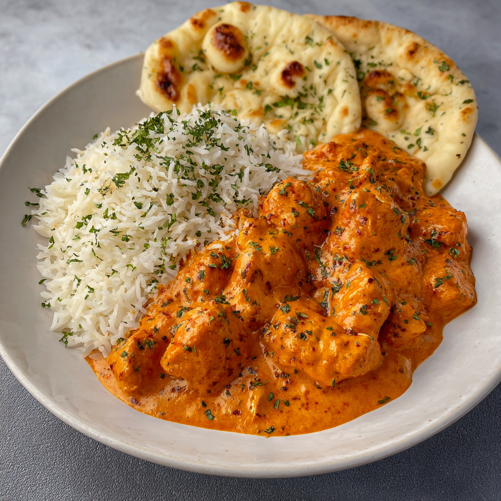 Served butter chicken with naan and rice