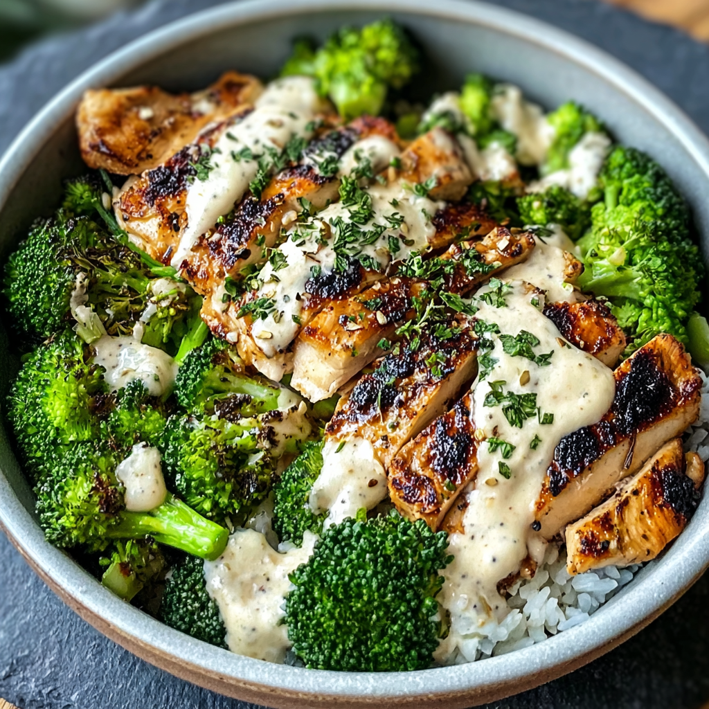 Grilled chicken and broccoli bowl with creamy sauce