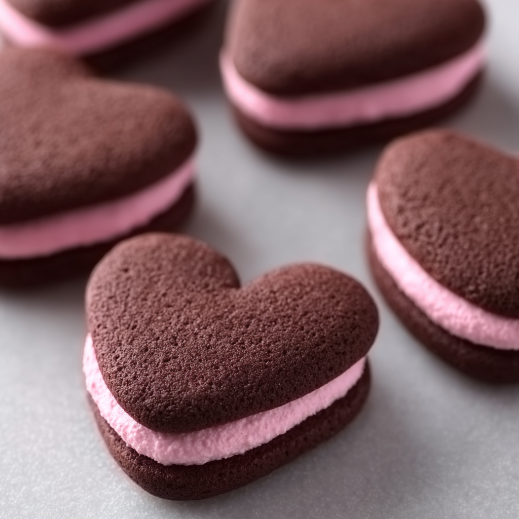 Two decorated heart sandwich cookies on a plate