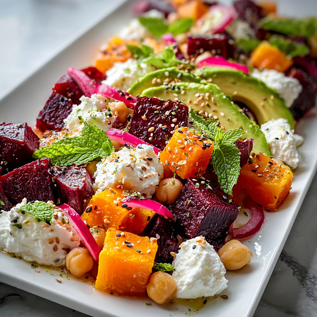 Roasted beets and sweet potatoes on a baking sheet