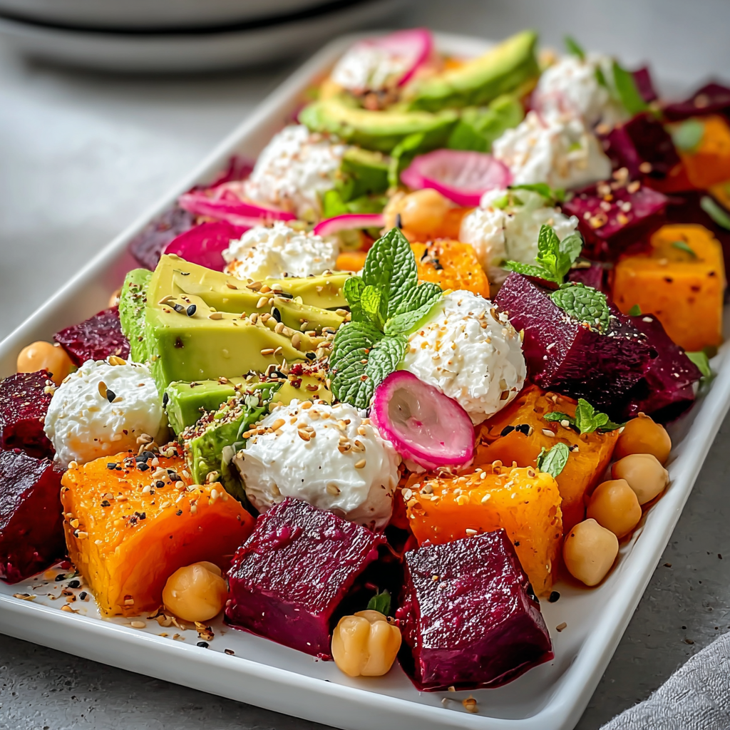 Assembled salad with whipped ricotta and herbs