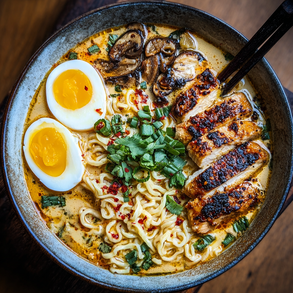 Close up of creamy broth and noodles with egg