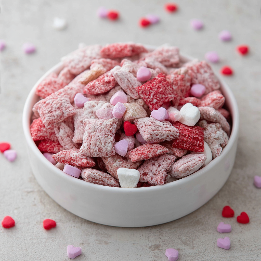 Finished Valentine muddy buddies in a bowl with sprinkles