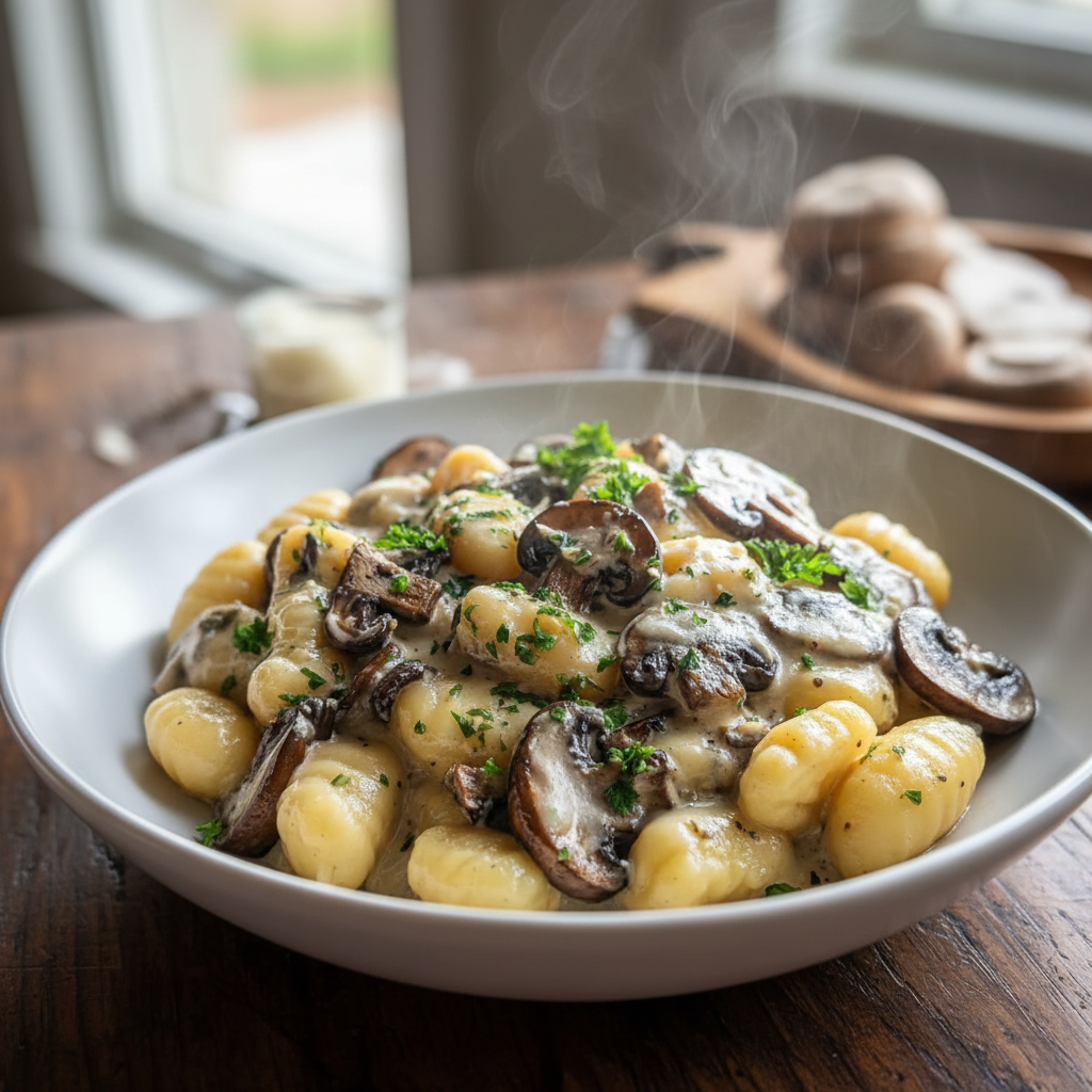 Cooked mushroom gnocchi in skillet