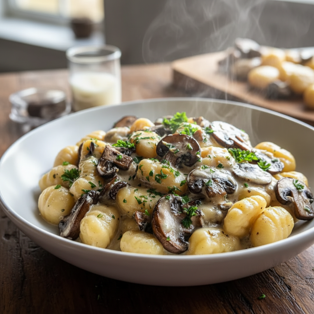 Close-up of gnocchi and mushrooms