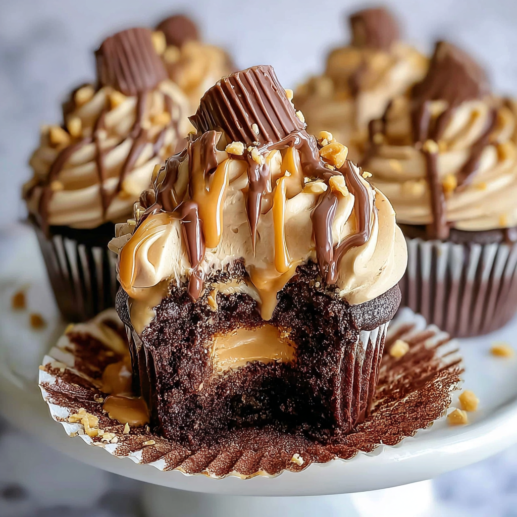 Freshly piped peanut butter chocolate cupcakes on a cooling rack