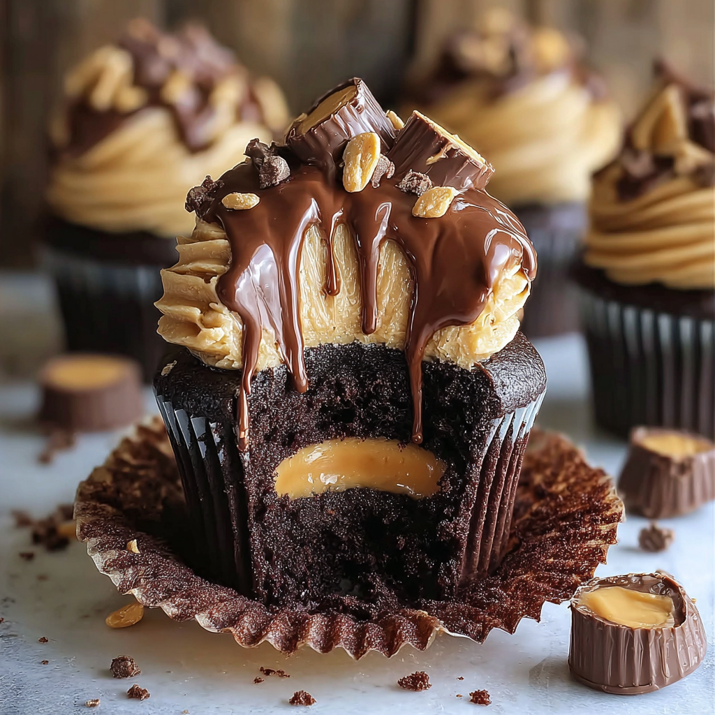 Chocolate drizzle over peanut butter cupcakes close up