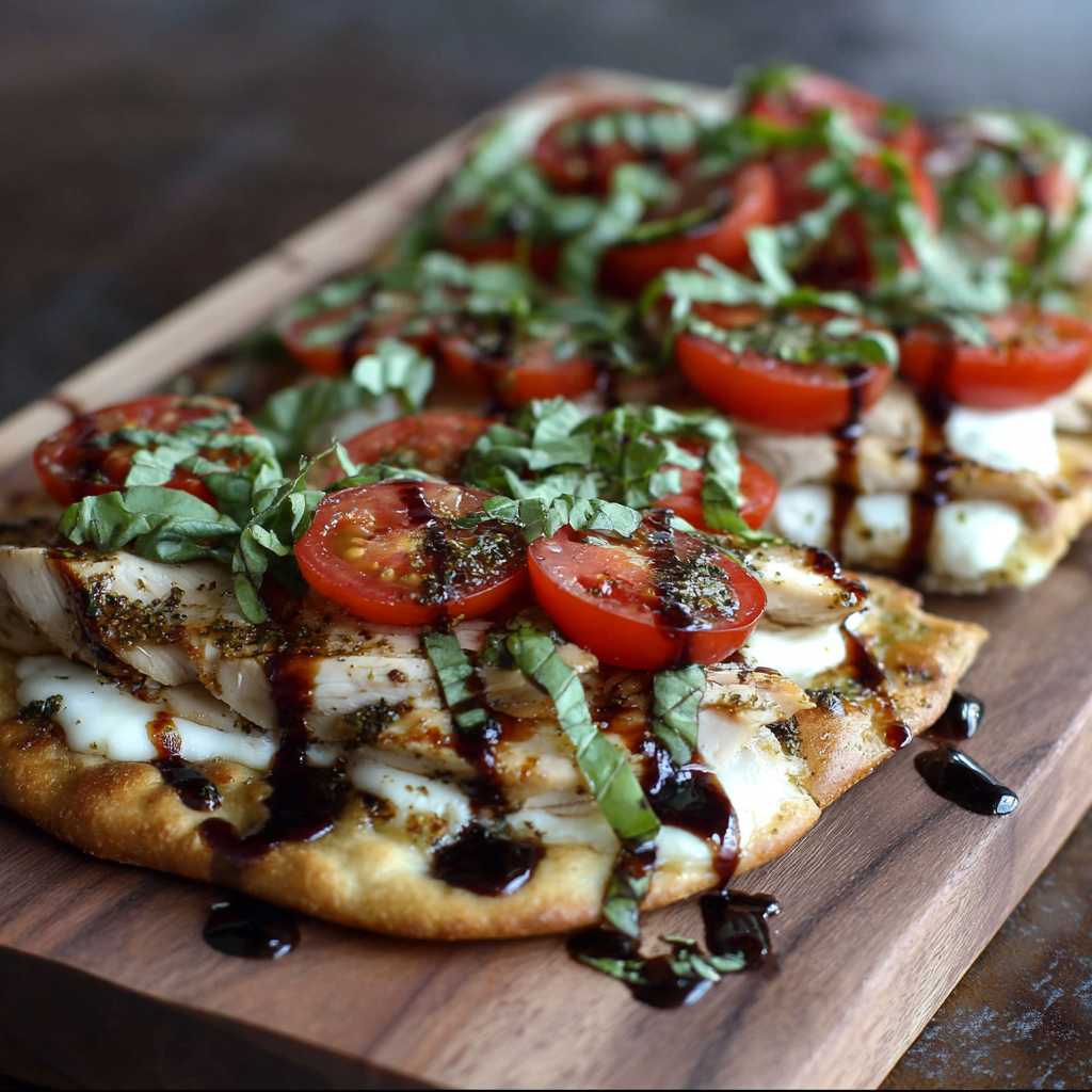 Chicken Caprese flatbread on cutting board with tomatoes and basil