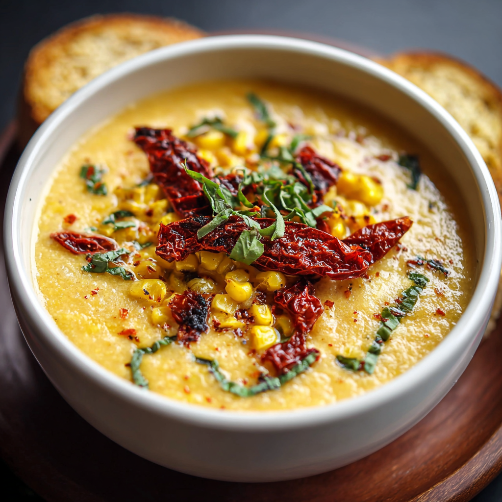 Bowl of corn soup with sun-dried tomatoes and parsley