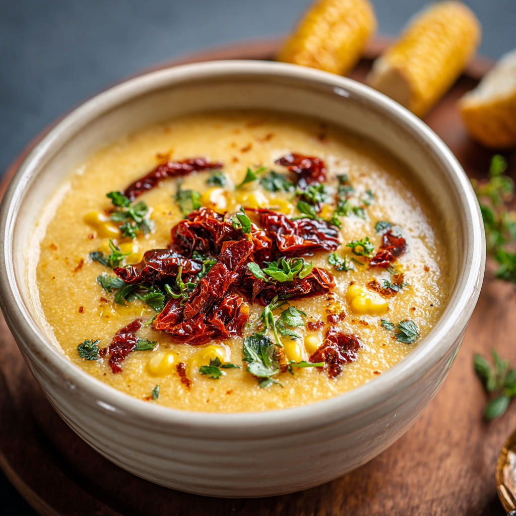 Close-up of creamy corn soup with parsley garnish