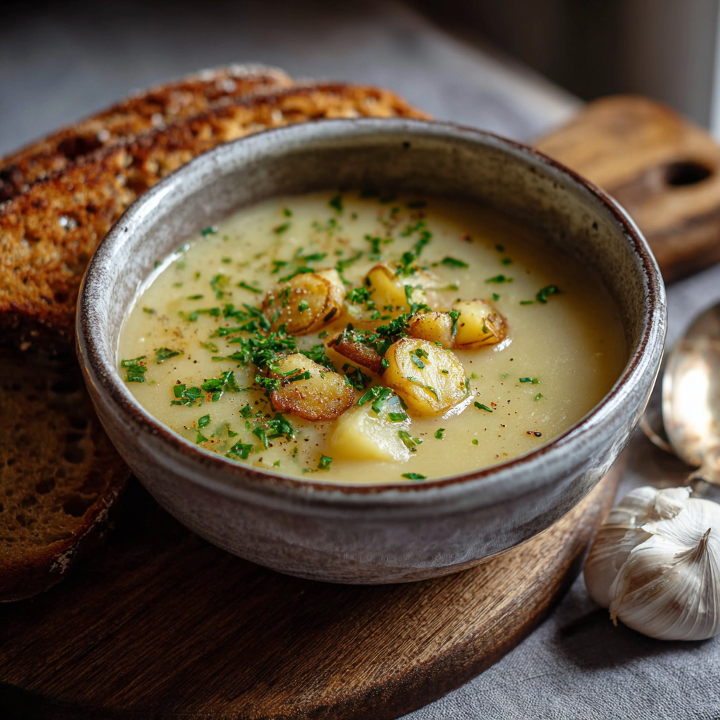 Comforting bowl of garlic potato soup