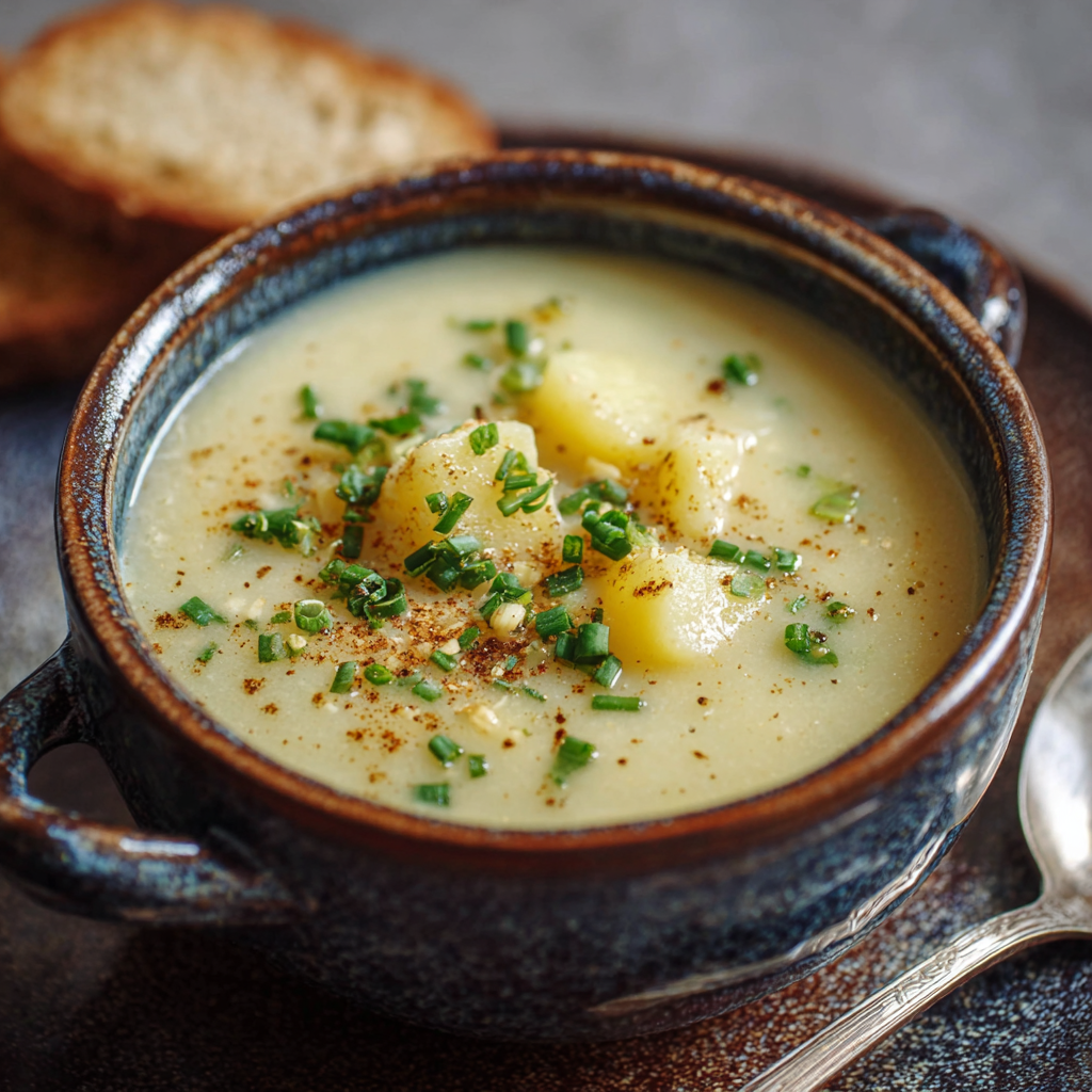 Spoon lifting creamy potato soup