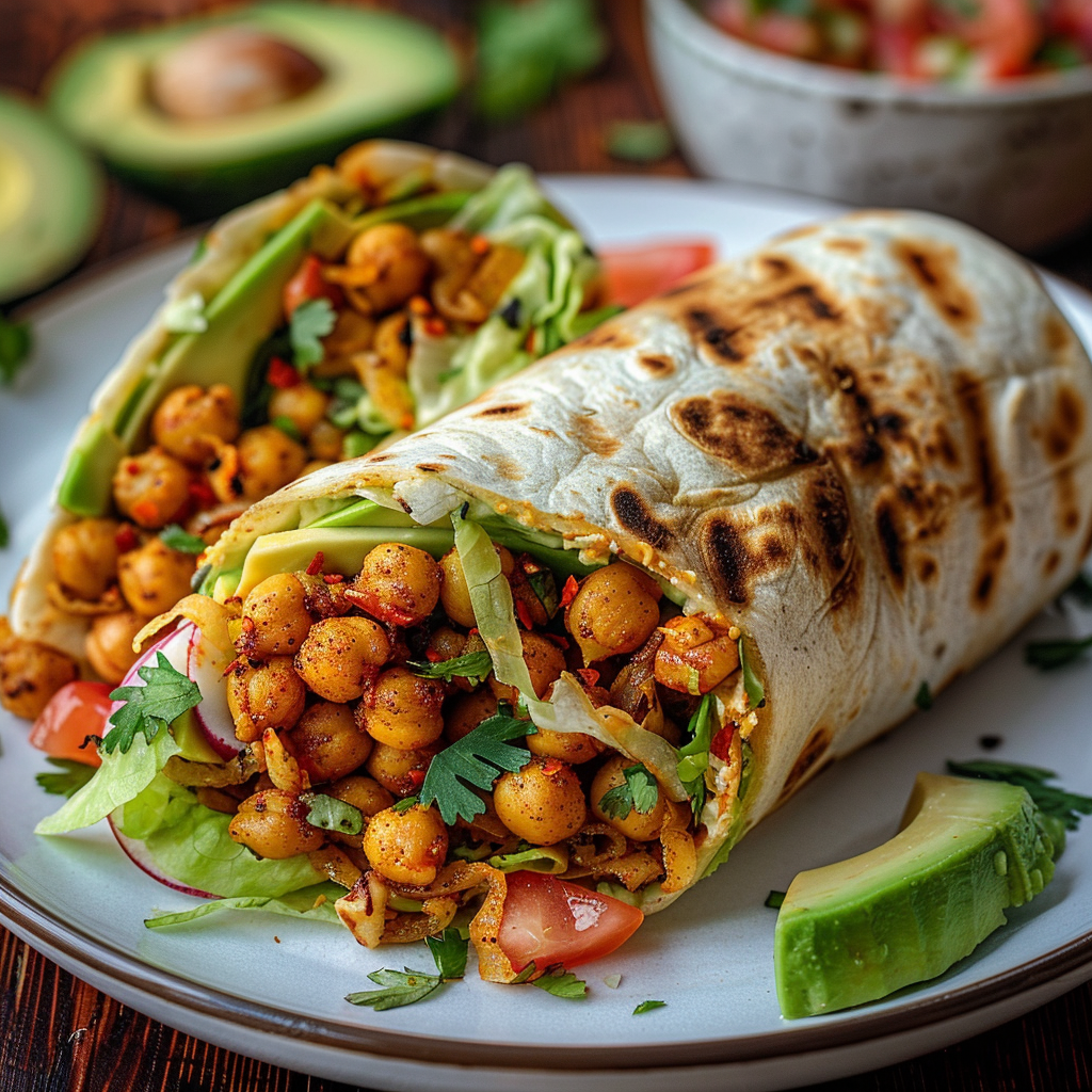 Finished avocado and chickpea wraps on a cutting board