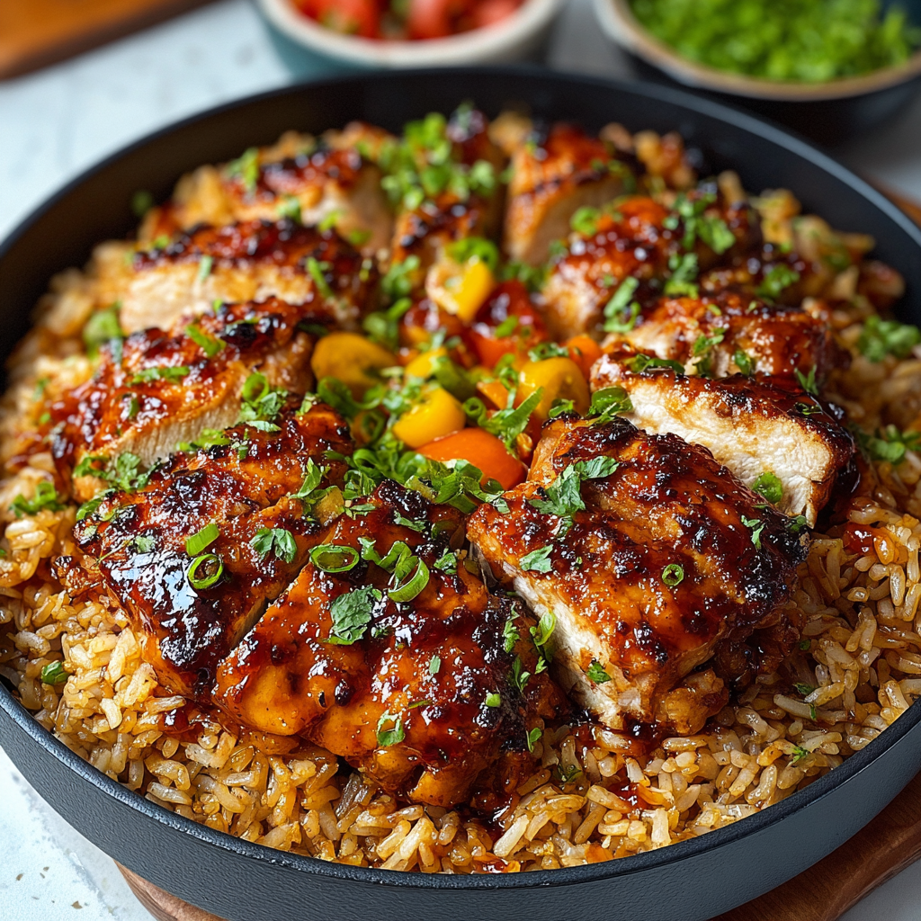 Finished honey BBQ chicken rice served on a plate