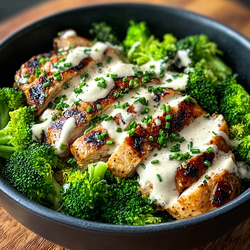 Grilled chicken and broccoli bowl with creamy garlic sauce