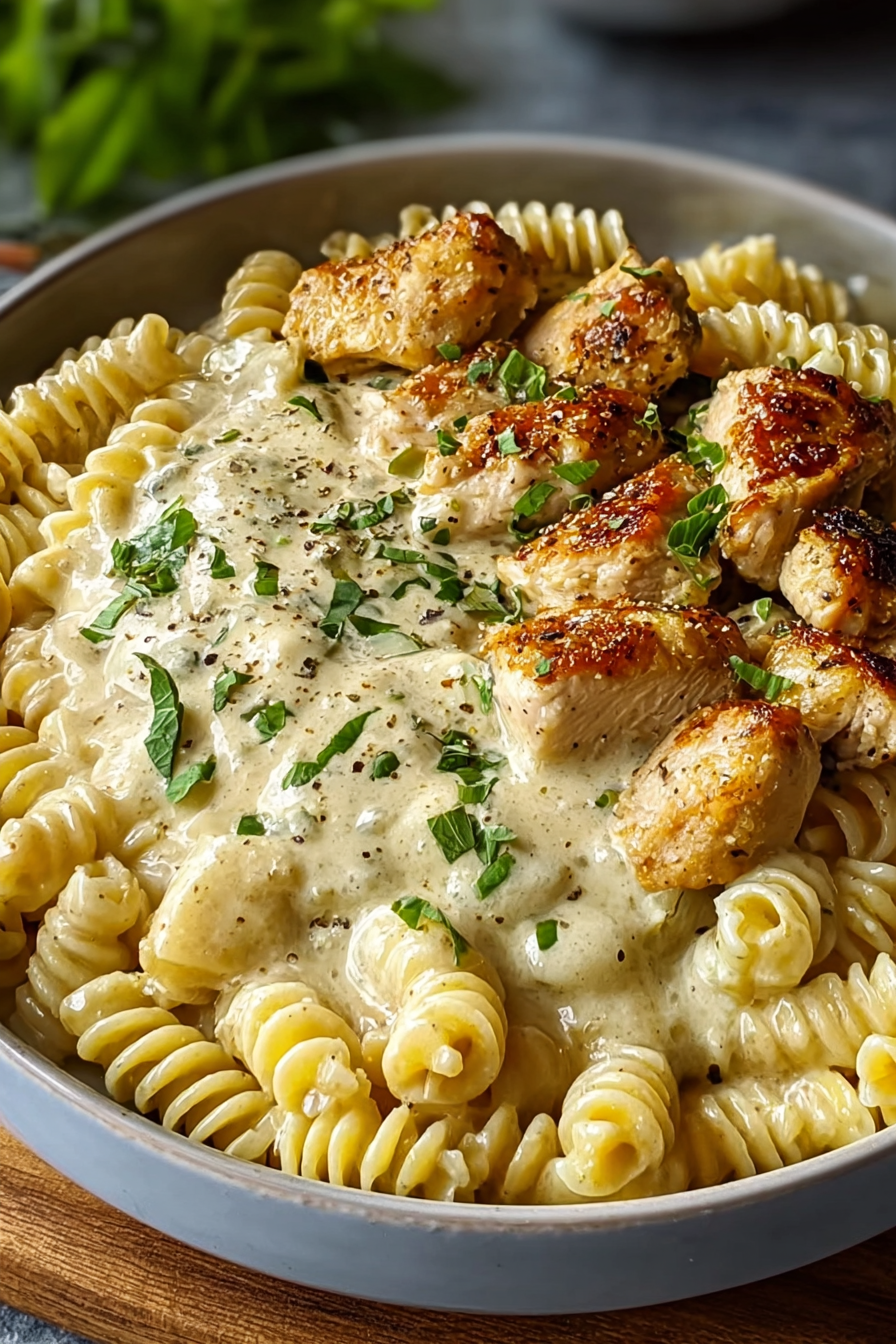 Creamy garlic butter chicken and rotini in a skillet