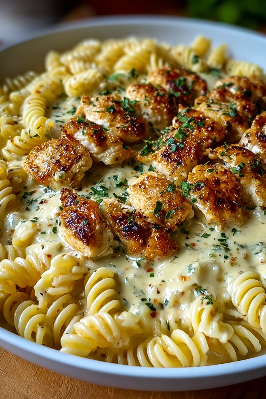 Plated creamy rotini with parsley garnish