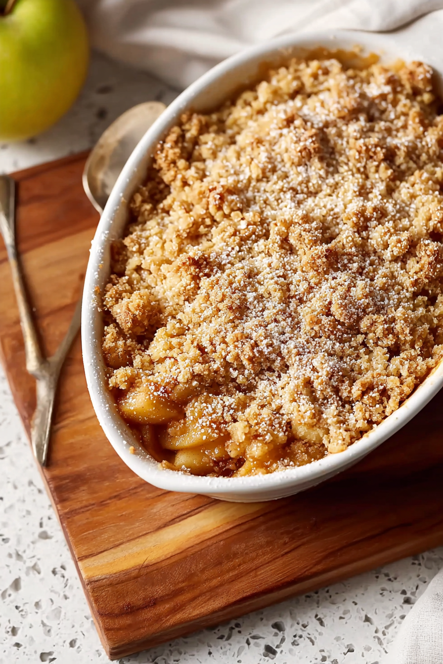 Classic apple crumble fresh from the oven with golden topping