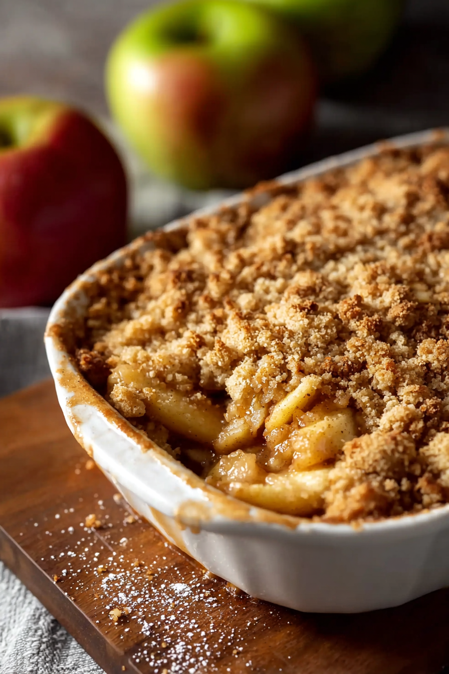 Close-up of apple crumble topping with cinnamon
