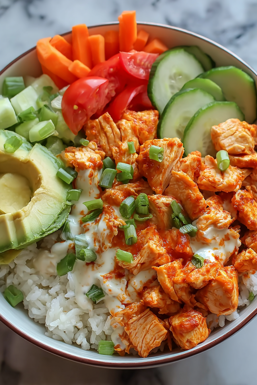 Assembled buffalo chicken bowls with avocado and tomatoes
