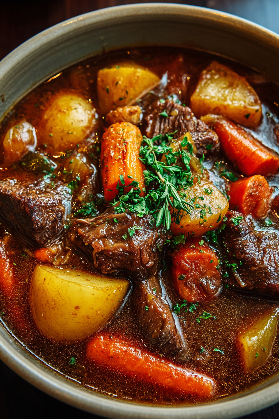 Slow cooker stew in a pot with vegetables