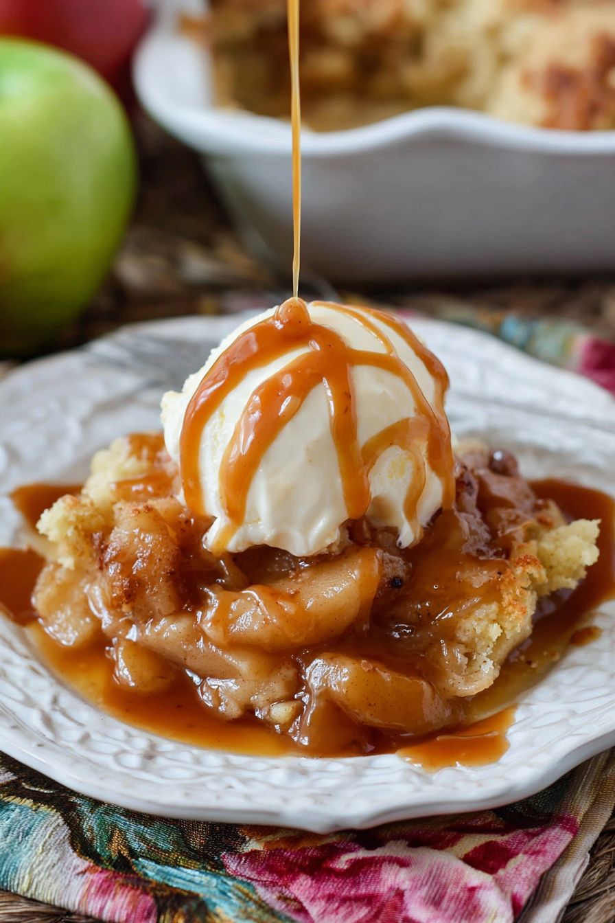 Caramel Apple Cobbler in baking dish, bubbling and golden