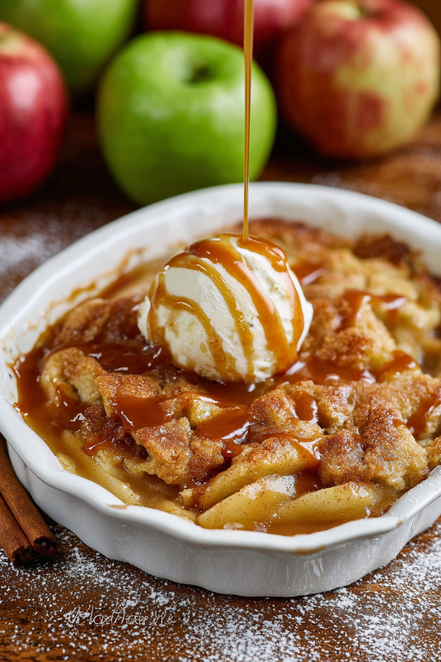 Close up of a scoop of ice cream on warm caramel apple cobbler