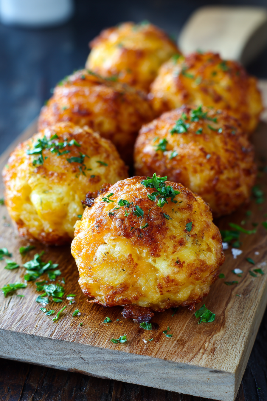 Close-up of a mashed potato cheese puff showing creamy interior