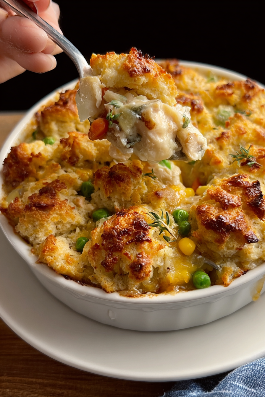 Finished Chicken Cobbler Casserole in a baking dish