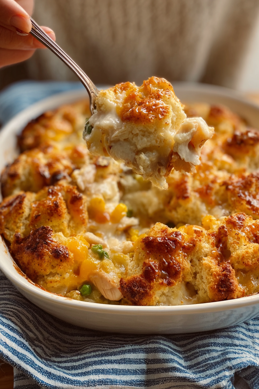 Serving spoon scooping a portion of chicken cobbler casserole